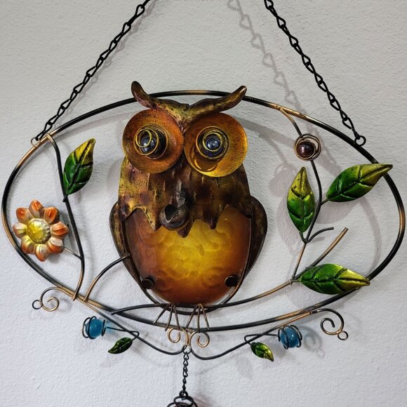 Oval Metal Stained Glass Owl Wind Chimes Bell Hanging Decor Sunflowers Leaves Co - Picture 1 of 11